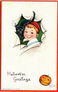 Vintage Frances Brundage Cute Little Boy with Black Cat & JOL Halloween Postcard