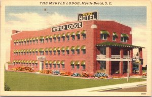 Postcard SC Myrtle Beach The Myrtle Lodge Hotel Flowers Tichnor LINEN 1940s V201