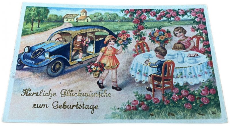 Lot 3 lovely drawn children roses floral cars birthday greetings postcards 1941 