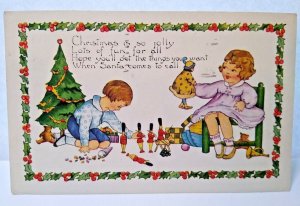 Christmas Postcard Whitney Children Playing Doll Toy Soldiers Xmas Tree 1921