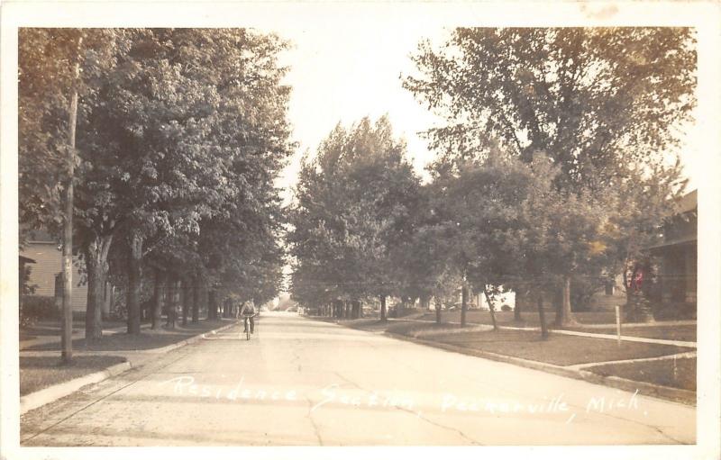 Deckerville Michigan~Residence Street~Man on Bicycle~Lots of Trees~1940s RPPC