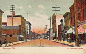 MANITOWOC WISCONSIN~SOUTH 8th STREET-STOREFRONTS-TROLLEY TRACK 1900s POSTCARD