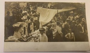 Vintage 1910s Town Picnic Dinner Food Long Tables RPPC Photo Postcard