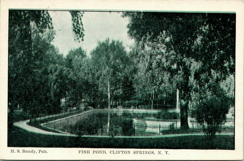 Fish Pond Clifton Springs NY New York RPPC H.S. Bundy Pub PM 1916 Split Postcard 
