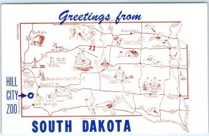 c1940s South Dakota Greetings Map from Hill City Zoo Linen Fincard Postcard A114