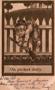 Cute Little Baby Holding Gun On Picket Duty Comic Card Vintage Postcard 1909