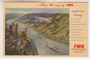 P2955, vintage postcard twa airplane flight over rheinstein castle germany view