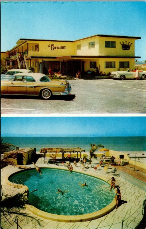 Vtg St Petersburg Beach FL The Coronet Hotel Swimming Pool Old Cars Postcard