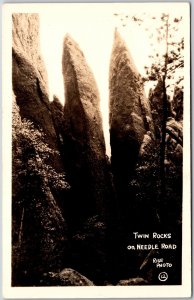 Twin Rocks On Needle Road Balck Hills South Dakota SD Postcard