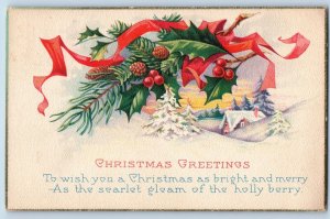 Ashland NE Postcard Christmas Greetings Pinecone Berries Winter 1933 Vintage