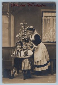 Christmas Postcard RPPC Photo Children House Interior c1910's Posted Antique