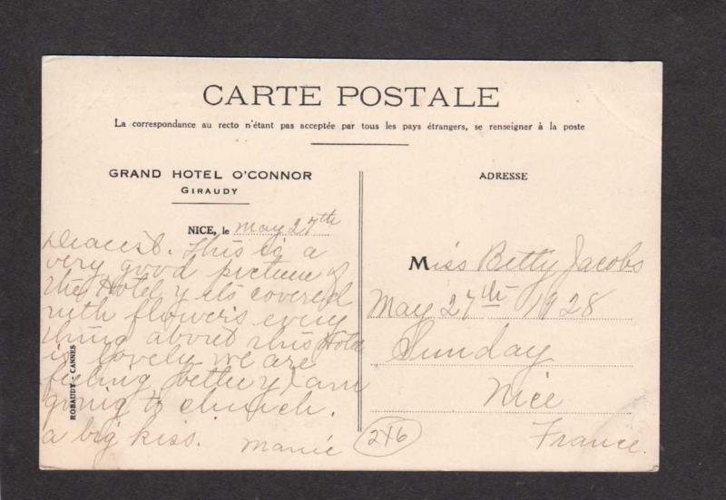 France Grand Hotel Nice O'Connor Giraudy Artist Signed Postcard Carte Postale