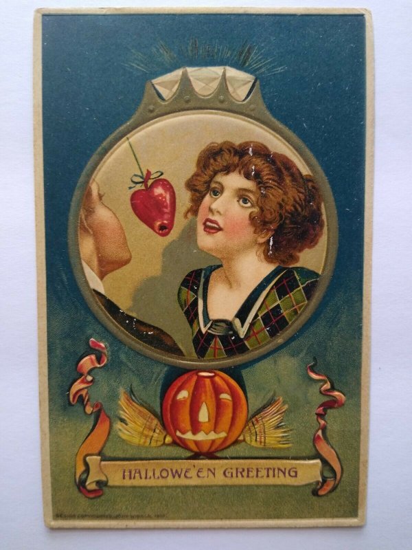 Original Halloween Postcard John Winsch Women Apple Heart Sycamore Kansas 1914 