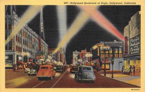 Hollywood Boulevard HOLLYWOOD, CA Night Street Scene c1940s Vintage Postcard