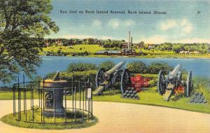 ROCK ISLAND, IL Illinois SUN DIAL on ROCK ISLAND ARSENAL~Canons c1940's Postcard