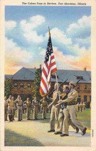 Color Guard Stars & Stripes Flag Fort Sheridan Illinois 1945 linen postcard