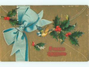 Pre-Linen christmas CUTE LITTLE BIRD WITH BLUE RIBBON AND HOLLY k1641