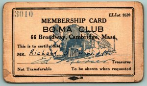 1930s Membership Card BO-MA Club Cambridge Massachusetts MA 66 Broadway G1