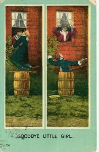 1909 Humorous Man Climbing Out Of Window, Landing In Barrell Vintage Postcard