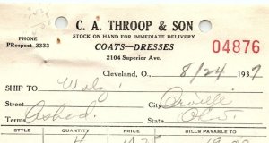 1937 C.A. THROOP & SON COATS-DRESSES CLEVELAND OHIO BILLHEAD STATEMENT Z1377
