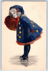 Hand Painted Art Postcard Pretty Girl With Handwarmer Ice Skating c1910's