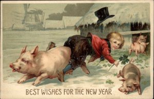 New Year Little Boy in Top Hat Chasing Pigs c1910 Vintage Postcard