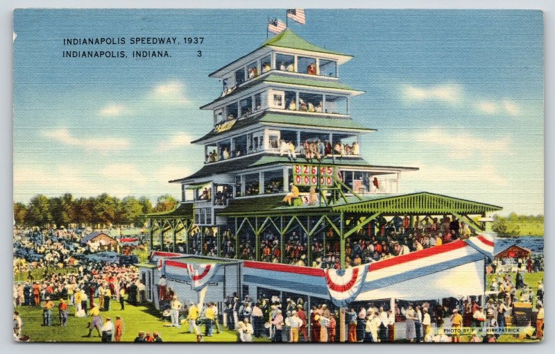 Indianapolis 500 Speedway Race Track~Packed Pagoda Grandstand~1937 Linen PC 