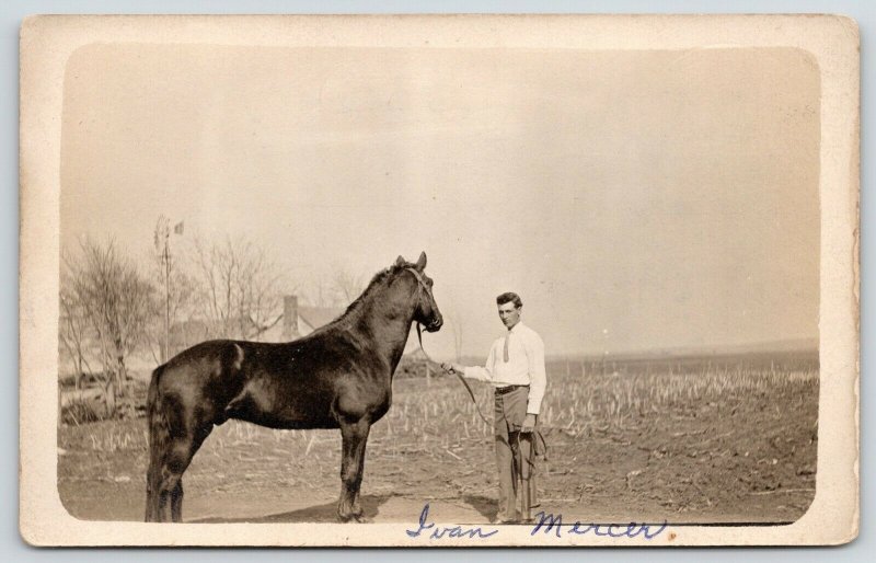 Real Photo Postcard~Ivan Mercer~Man with Horse~Farm Windmill~Good Likeness~c1915