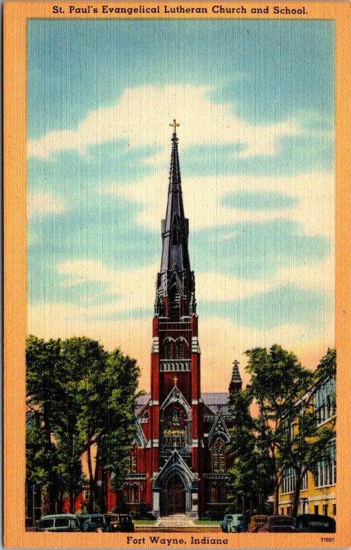 Fort Wayne, Indiana, IN, Church School Vintage Linen UNPOSTED Postcard