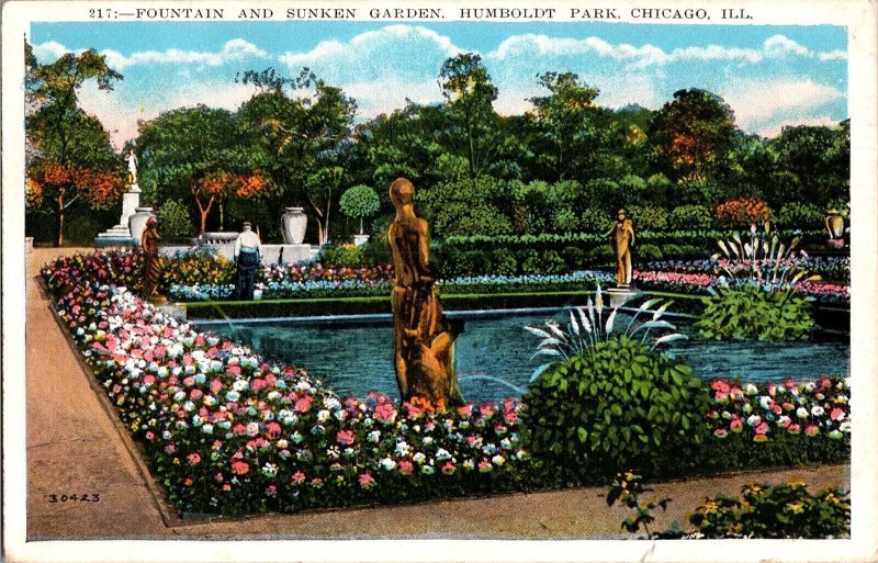 Fountain and Sunken Garden, Hunboldt Park Chicago IL c1943 Vintage Postcard L74 