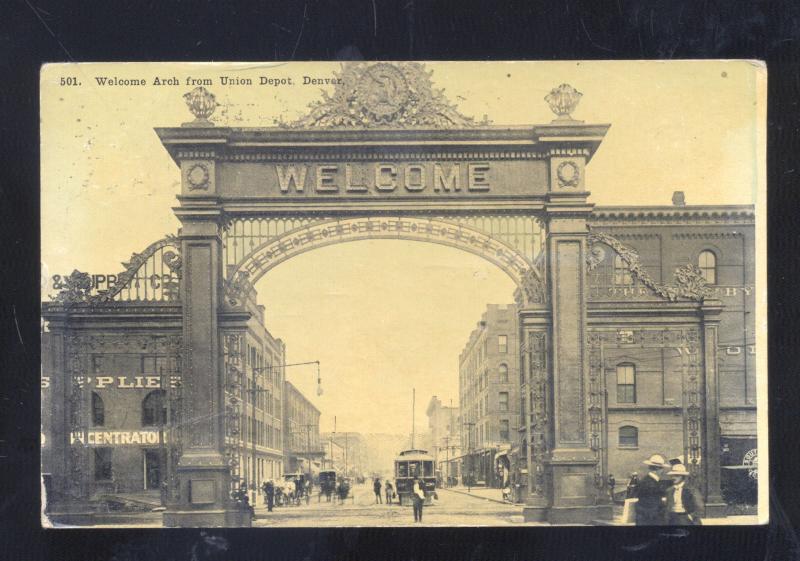 DENVER COLORADO DOWNTOWN STREET SCENE WELCOME ARCH VINTAGE POSTCARD