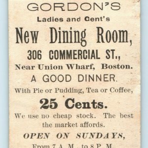 c1880s Union Wharf, Boston MA Gordon's Dining Room Small Trade Card Typeface C10