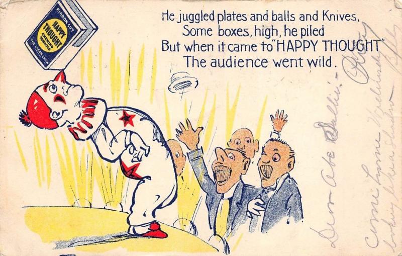 Happy Thought Chewing Tobacco 1906 Advertising Postcard Clown Balances Box