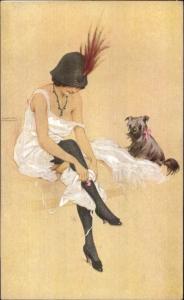 Raphael Kirchner - Beautiful Woman Lingerie & Dogs c1910 Postcard
