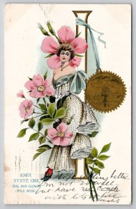 Iowa State Girl Seal & Flower Wild Rose 1907 To McDowell VA Postcard X25