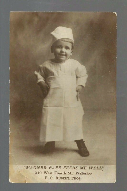 Waterloo IOWA RP c1910 ADVERTISING Wagner Cafe CHILD COOK Apron Hat CUTE!