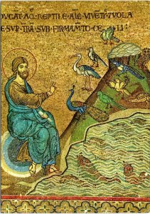 postcard Italy, Sicily - Monreale Cathedral mosaic Creation of birds and fishes