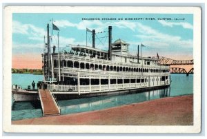 c1930's Excursion Steamer Ship On Mississippi River Clinton Iowa IA Postcard