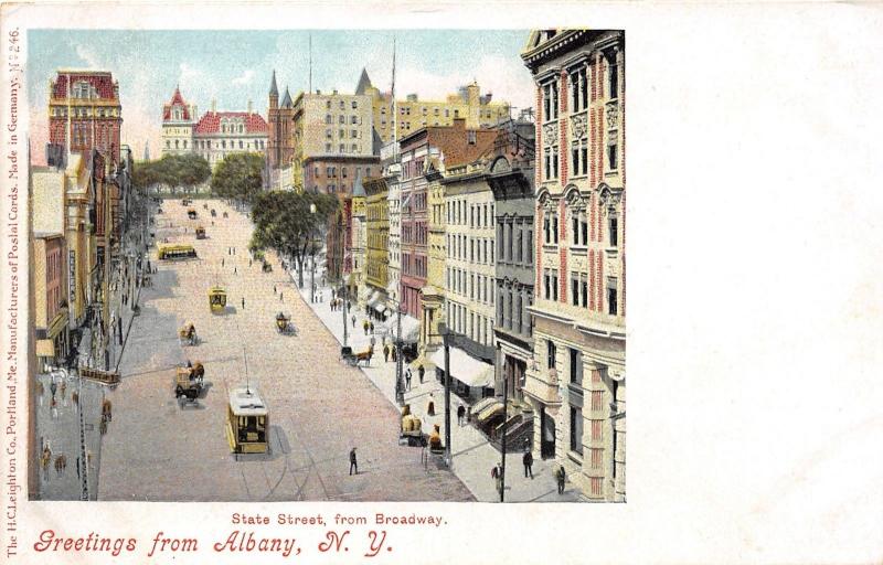 Albany New York~State Street @ Broadway~Keelers~Pedestrians~Trolley~c1905 Pc