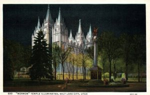 Vintage Linen Postcard Mormon Temple at Night SLC Utah Latter Day Saints