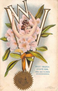 West Virginia State Girl Seal and Flower Rhododendron Vintage Postcard AA70116