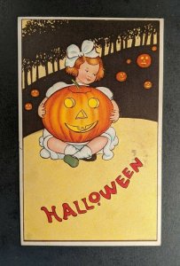 1914 Girl with Pumpkin Embossed Illustrated Halloween Postcard Cover Boston MA