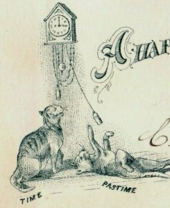 1870's-80's Engraved New Year's Card Clock Cats Cat Playing Fab! P161