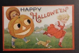 Mint USA Picture Postcard Halloween Children Running with Carved Pumpkin Dog