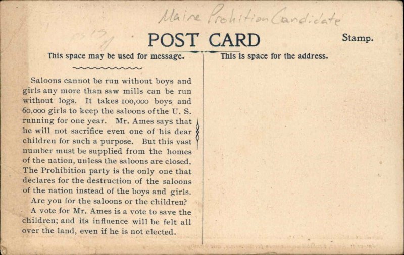 MAINE PROHIBITION CANDIDATE James H Ames w Huge Family POLITICAL CAMPAIGN PC