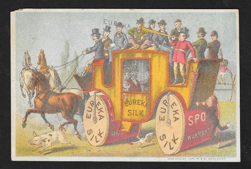 VICTORIAN TRADE CARD Eureka Silk Men on a Coach Fantasy