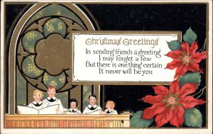 Christmas Choir Boys and Girls Sing in Church Poinsettia Vintage Postcard