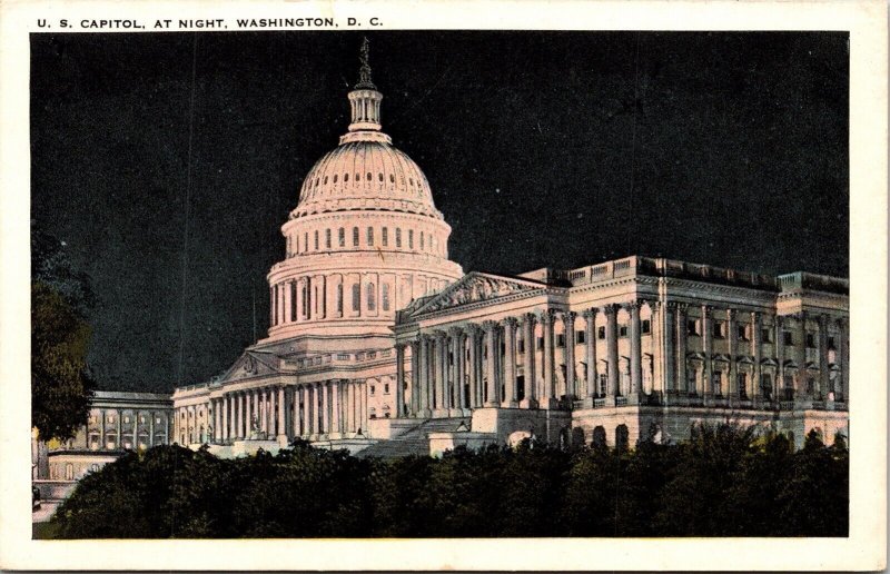 United States Capitol Building Washington DC Exterior Nighttime WB Postcard 