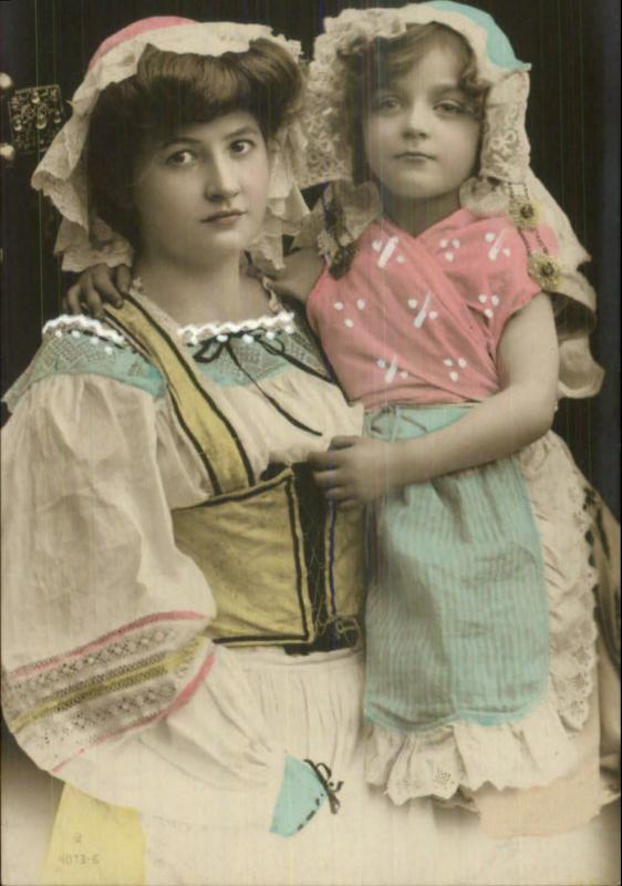 Beautiful Woman & Daughter Lace Clothing c1910 Tinted Real Photo Postcard