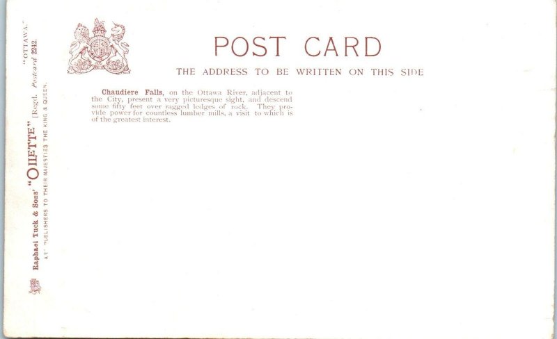 OTTAWA, CANADA  ~   CHAUDIERE  FALLS   c1900s   Tuck   Postcard